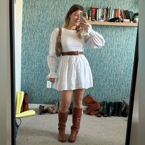 Dissh Linen White Smocked Dress with Puff Sleeves